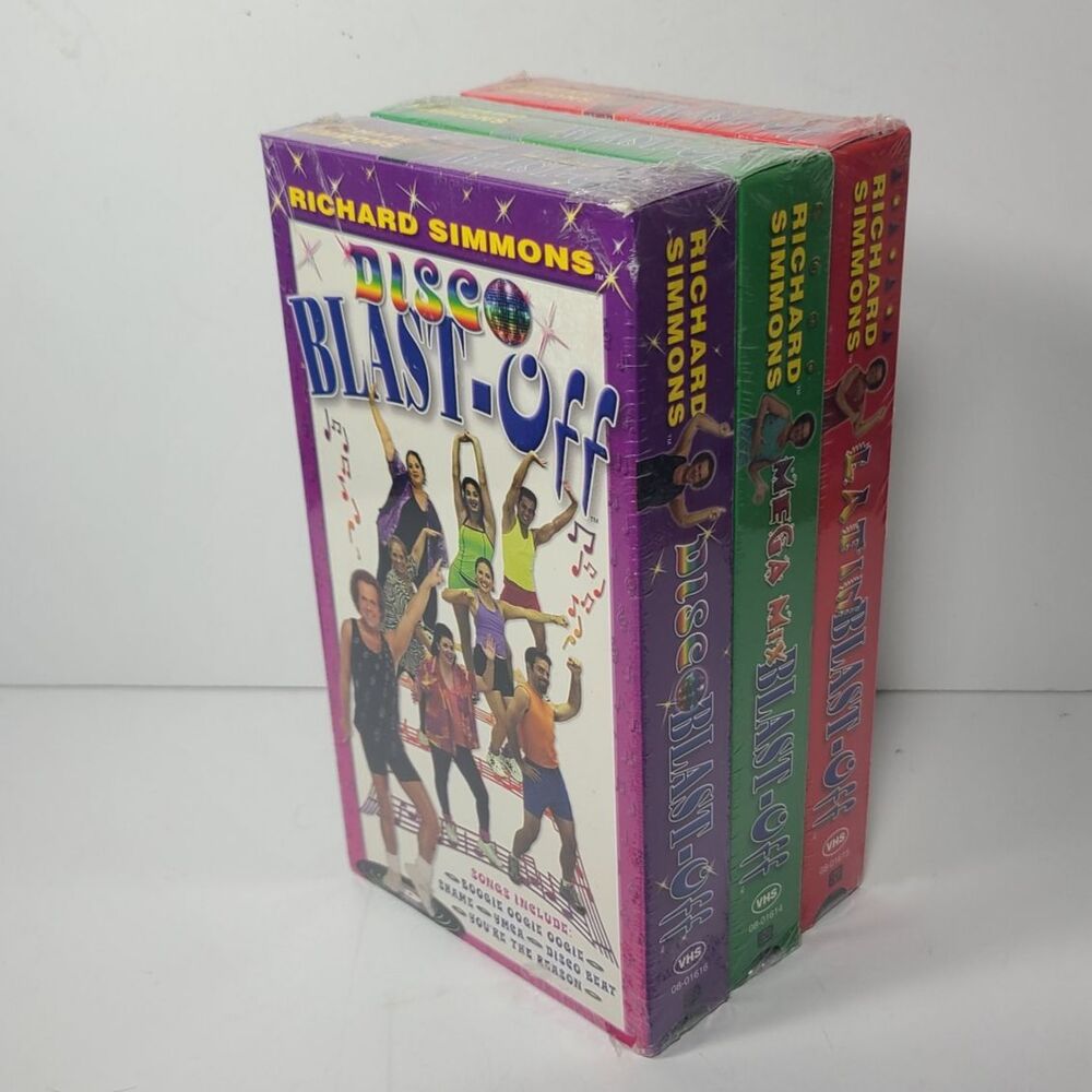 3 New Richard Simmons Blast-Off VHS Set (2001) Sealed - Disco, Mega Mix & Latin
